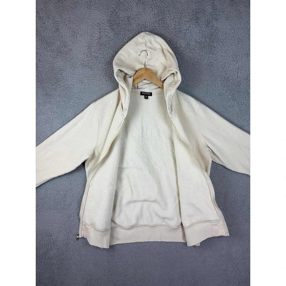True Religion Hoodie Jacket Mens XL White Full Zip Fleece Buddha Graphic Back